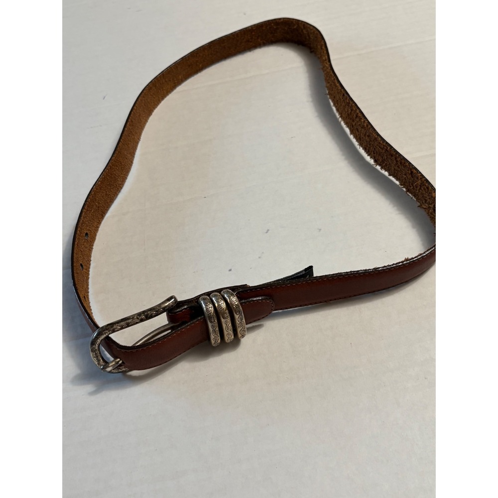 Brighton Brown Leather Belt Silver Engraved Scroll Buckle Triple Keeper Western